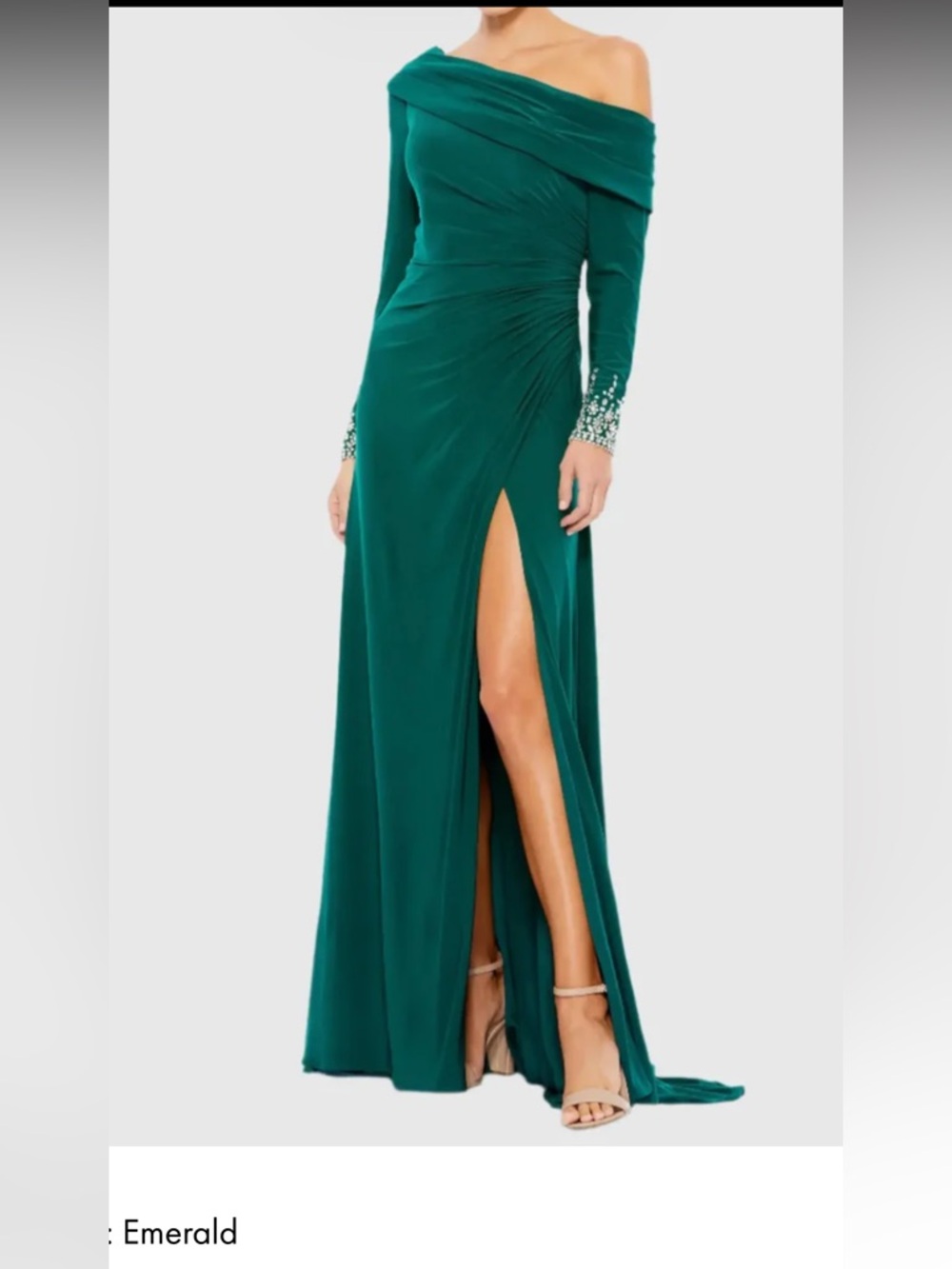 Mac Duggal Emerald One-Shoulder Jeweled Cuff Evening Gown